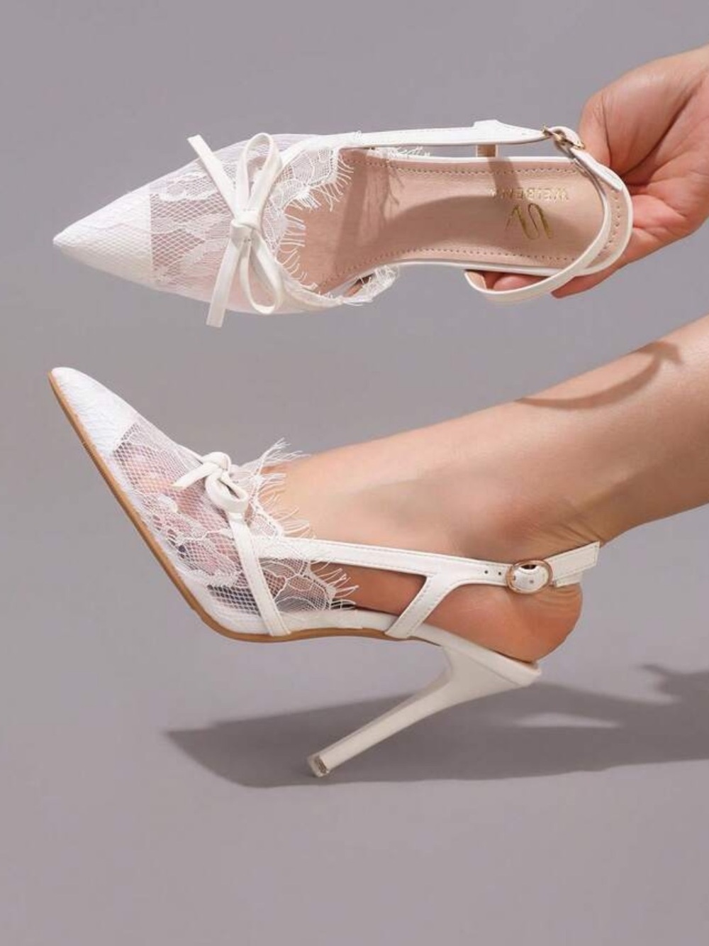 Elegant White Lace Pointed-Toe Slingback Heels